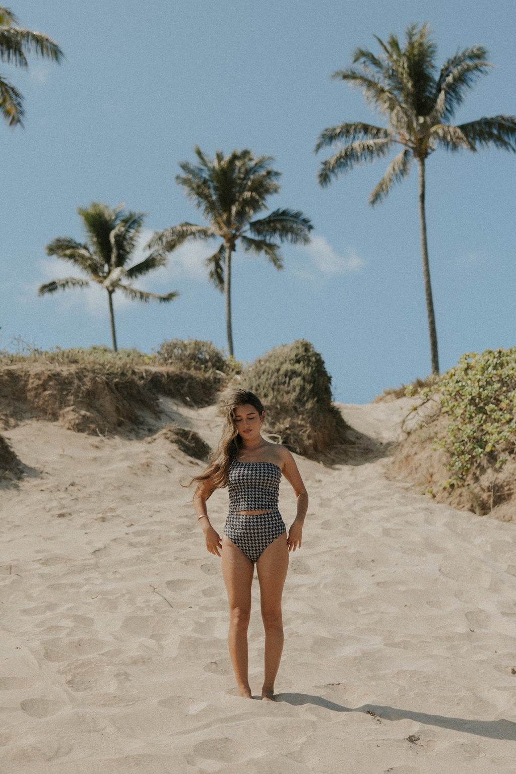 Bristol High Waisted Bottoms | Black & Cream Houndstooth Full Coverage Bikini Bottoms