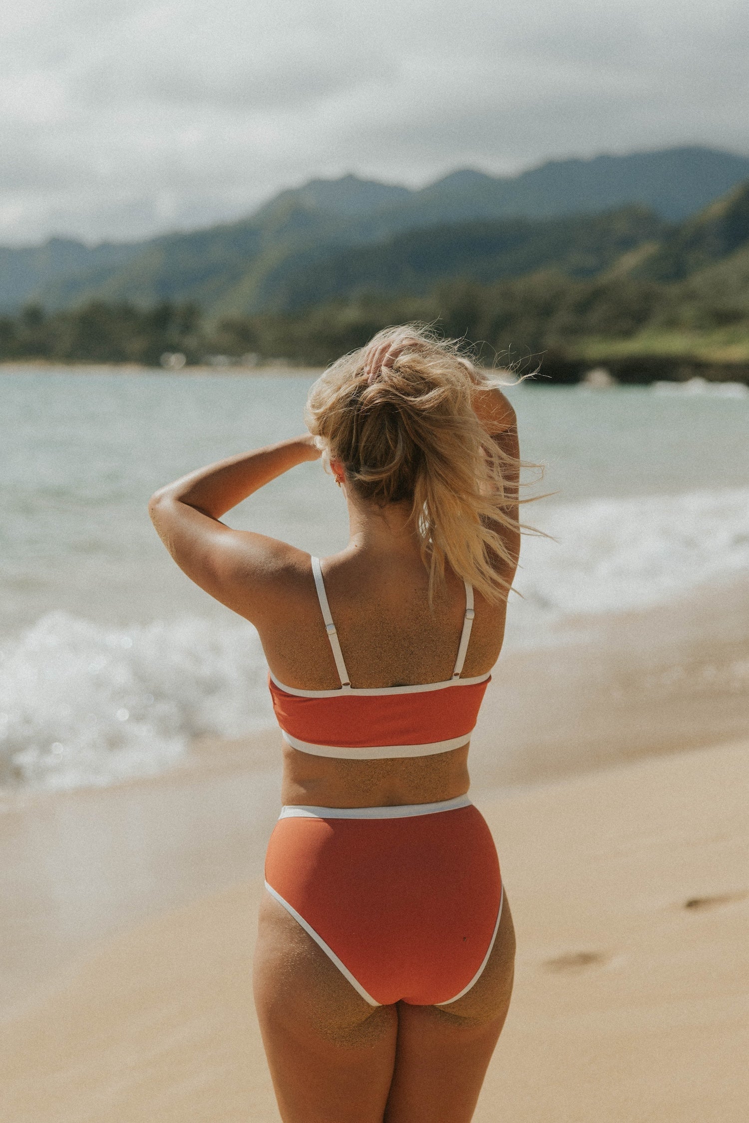 Coral High Waisted Bottoms | Ribbed Swim Bottoms with White Trim