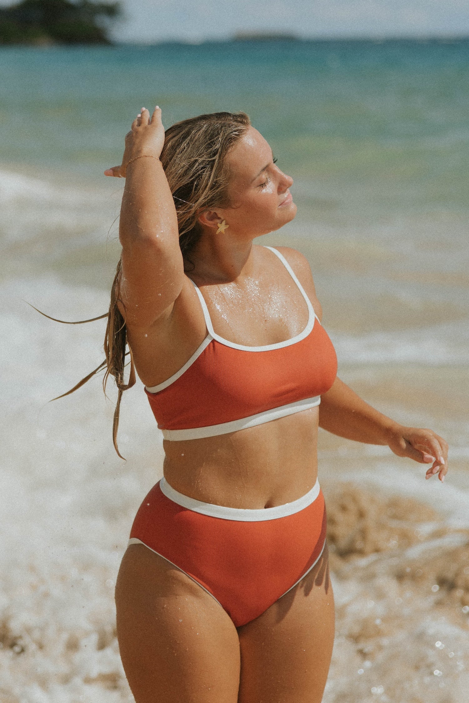 Coral High Waisted Bottoms | Ribbed Swim Bottoms with White Trim