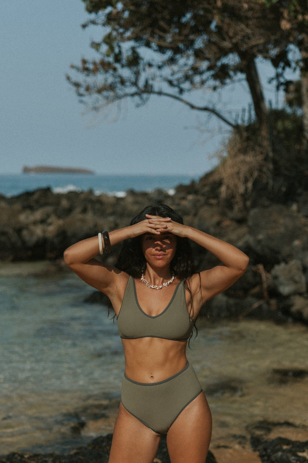 Haze High Waisted Bottoms | Ribbed Olive Green Bikini Bottoms
