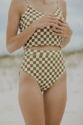 Myrtle High Waisted Bottoms | Neutral Checkered Ribbed Swim Bottoms