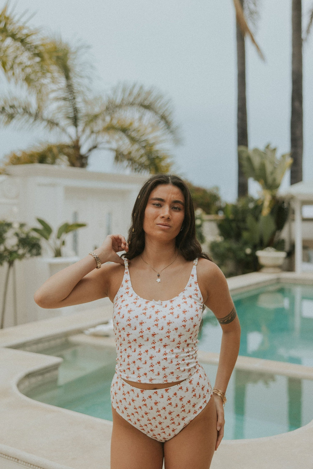 Rosie Tankini Top | Red and White Floral Scoop Neck Tankini Top