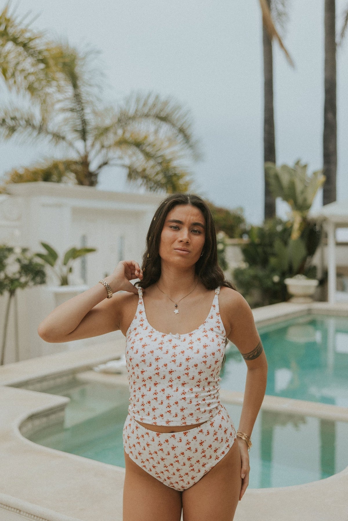 Rosie High Waisted Bottoms | Red Dainty Floral Full Coverage Swim Bottoms