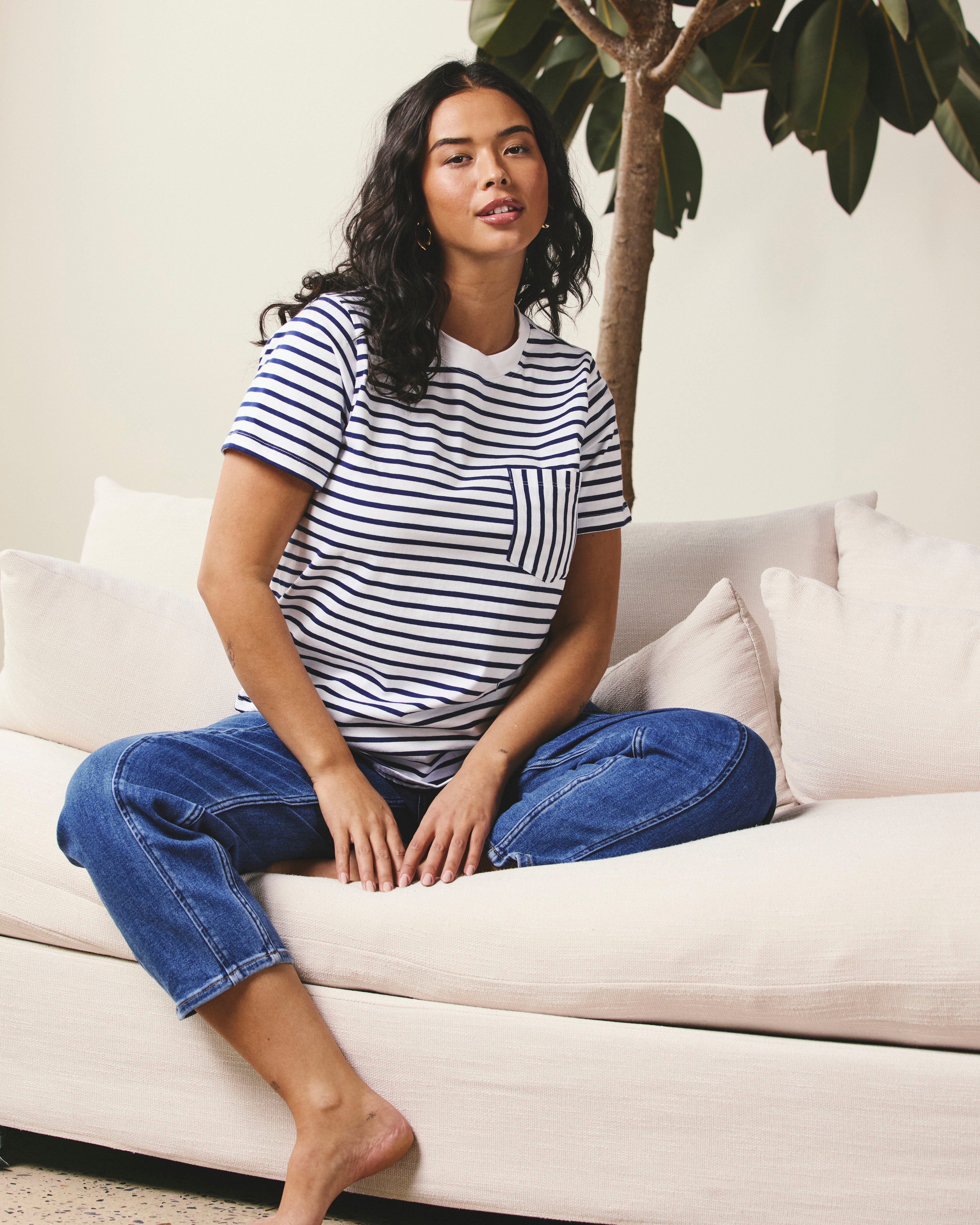 Breton Stripe Garcon Tee - White/Cenote Stripe