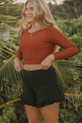 Obsidian High Waisted Swim Shorts | Ribbed Ruffled Swim Shorts with Built In Liner