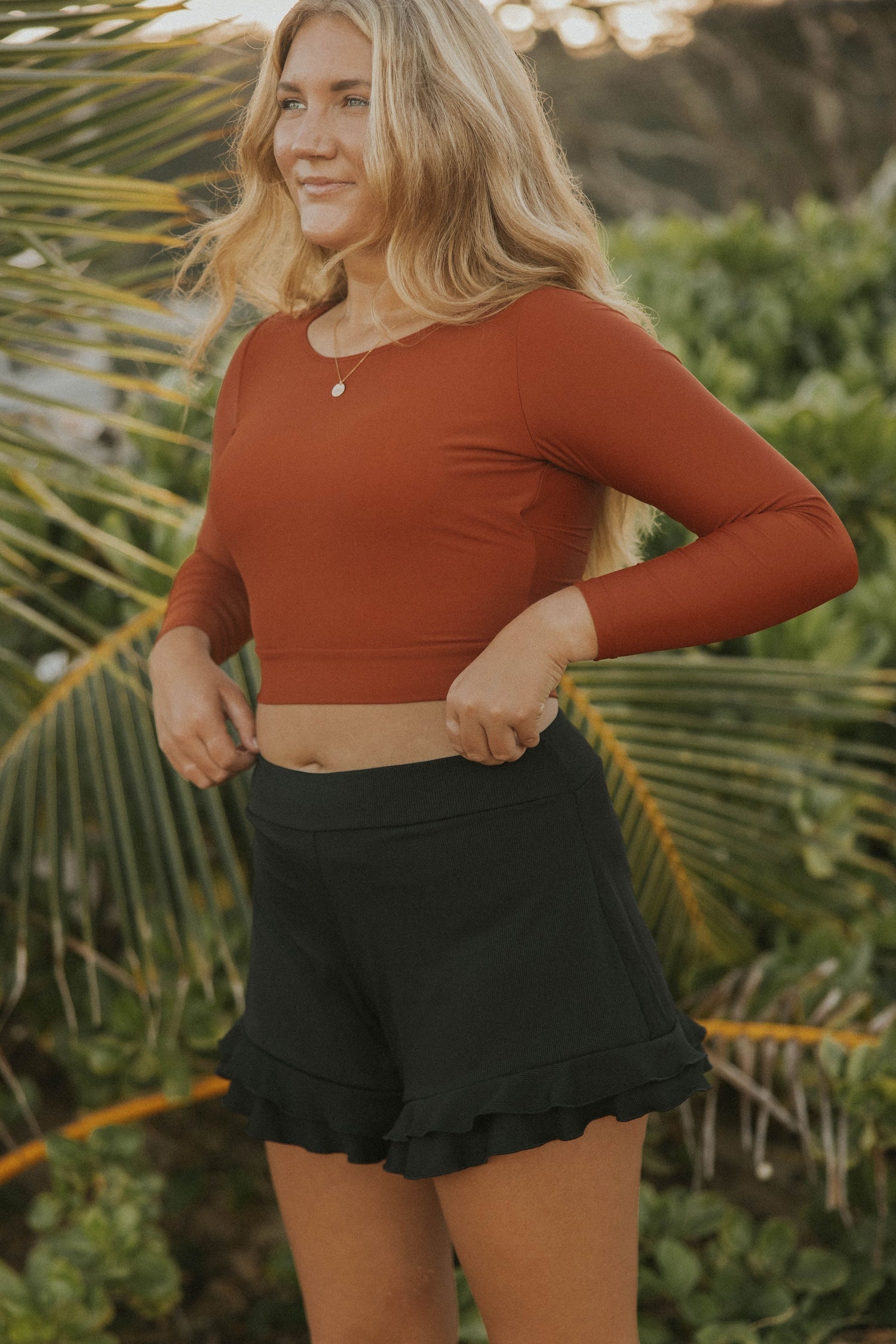 Obsidian High Waisted Swim Shorts | Ribbed Ruffled Swim Shorts with Built In Liner