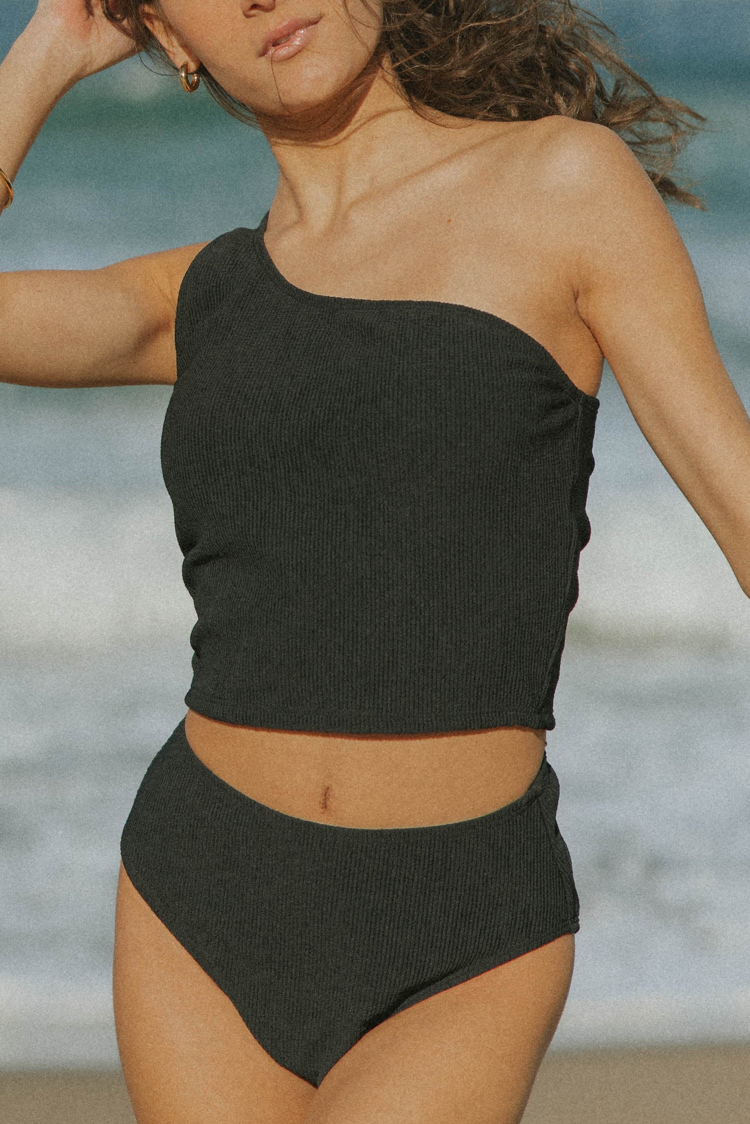 Sicily High Waisted Bottoms | Black Crinkle Textured Swim Bottoms