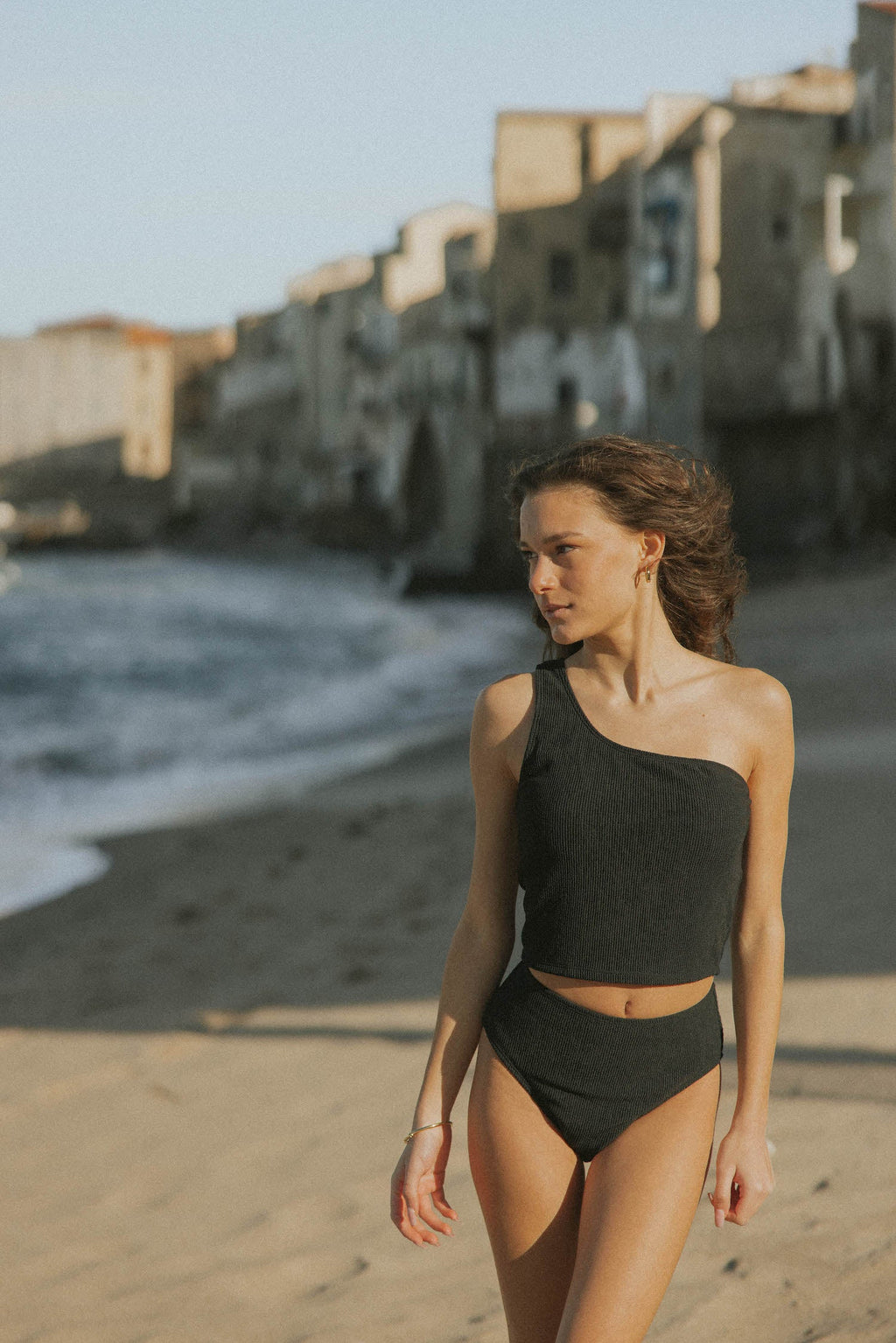 Sicily High Waisted Bottoms | Black Crinkle Textured Swim Bottoms