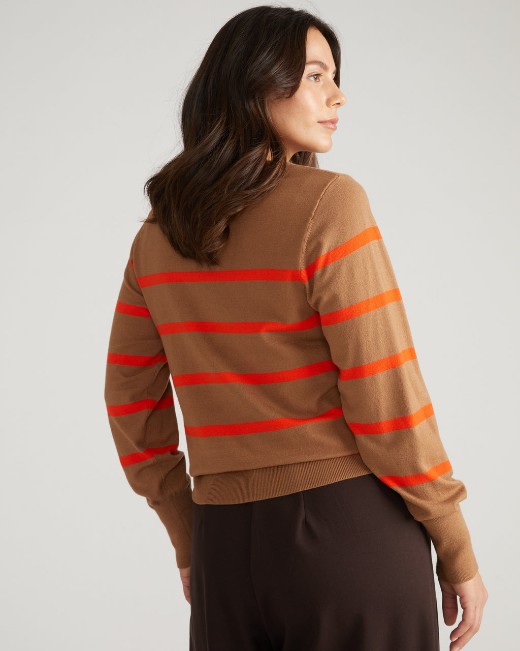 Savvy Fine Knit Crew Sweater - Classic Camel/Poppy Stripe
