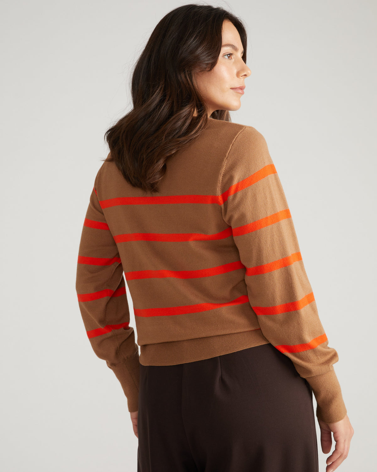 Savvy Fine Knit Crew Sweater - Classic Camel/Poppy Stripe