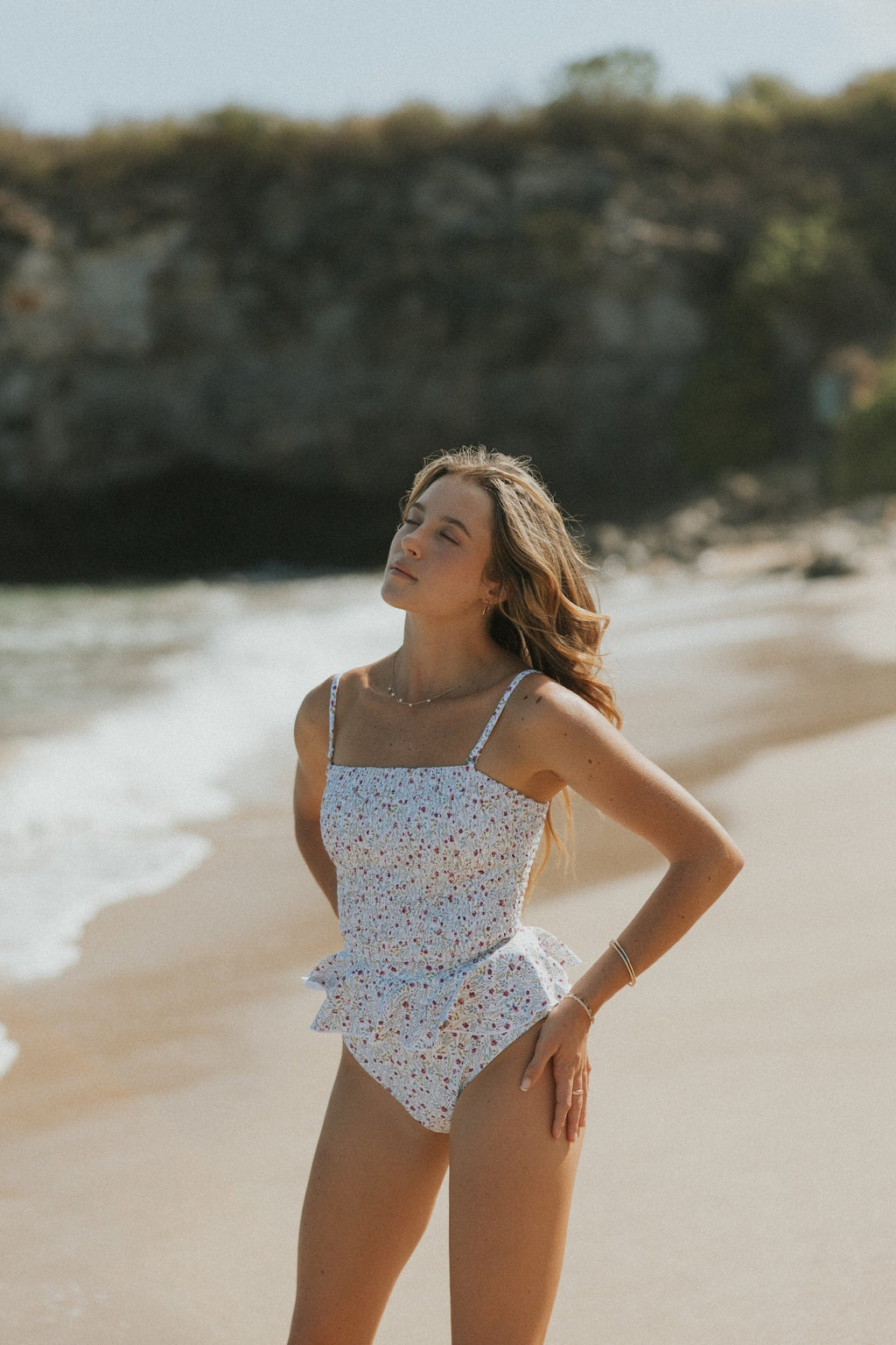 Amelia Top | Shirred White Floral Peplum Tankini Top