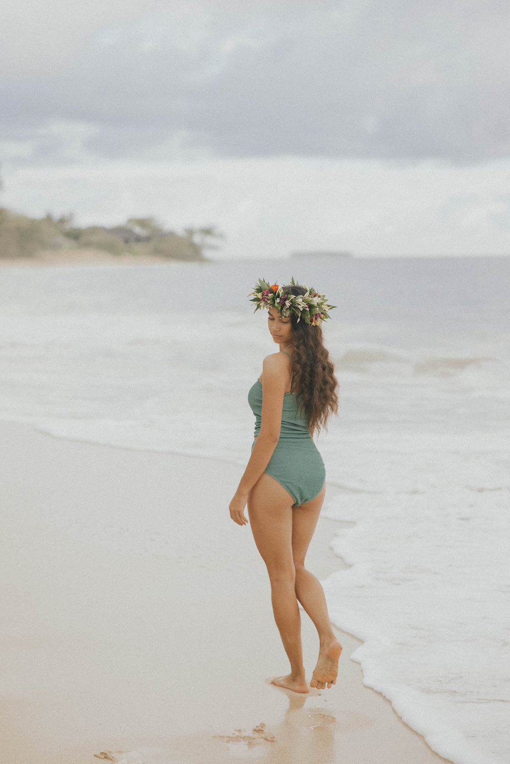 Oahu High Waisted Bottoms | Green Crinkle Textured Bikini Bottoms